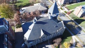 drone view of tile roof installation