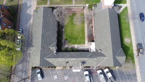 tile roof being installed: view from a drone