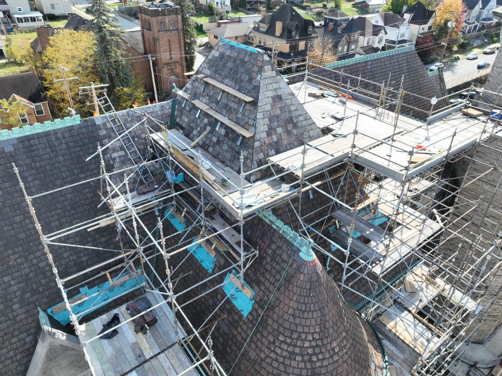 Slate roof repair on an old church in Pittsburgh