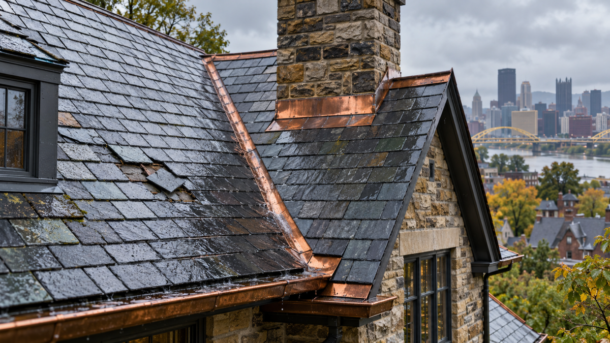 slate roof with slipping tiles and exposed decking on a rainy day with the Pittsburgh skyline in the background